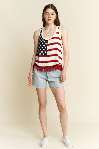 Jade By Jane Full Size American Flag Fringe Tank Top Plus Size