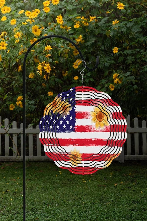 Patriotic USA American Flag Yellow Sunflowers Wind Spinner