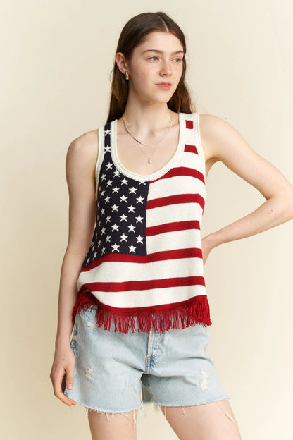 Jade By Jane Full Size American Flag Fringe Tank Top Plus Size