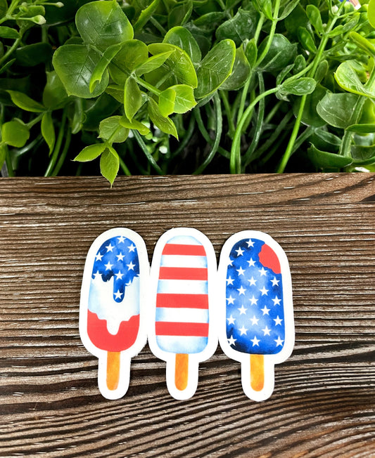 American Flag Popsicle Trio, Die Cut Vinyl Sticker, Red Blue Stripes
