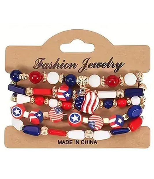 PATRIOTIC THEME AMERICAN FLAG MULTI STRETCH BRACELET SET