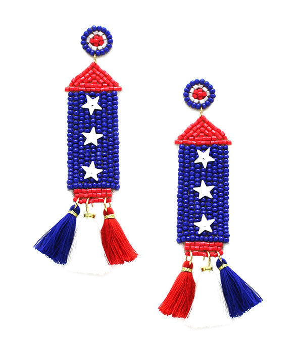HANDMADE MULTI SEEDBEAD PATRIOTIC AMERICAN FLAG THEME EARRING -