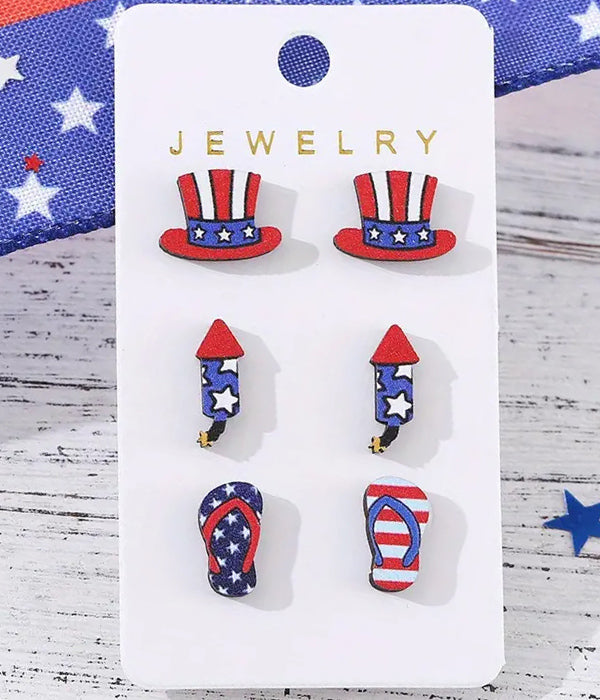 PATRIOTIC THEME AMERICAN FLAG 3 PAIR EARRING SET